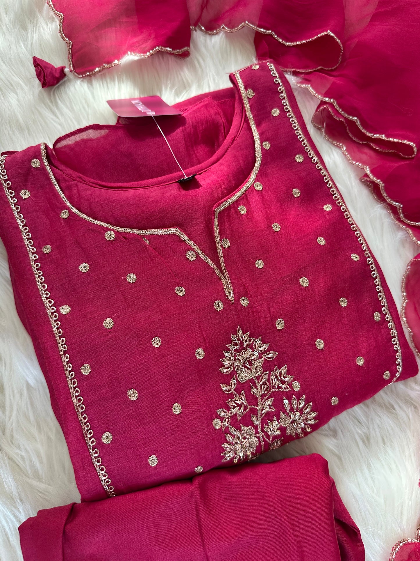 K037 - Mul Chanderi handwork Aline Kurti with pants and dupatta