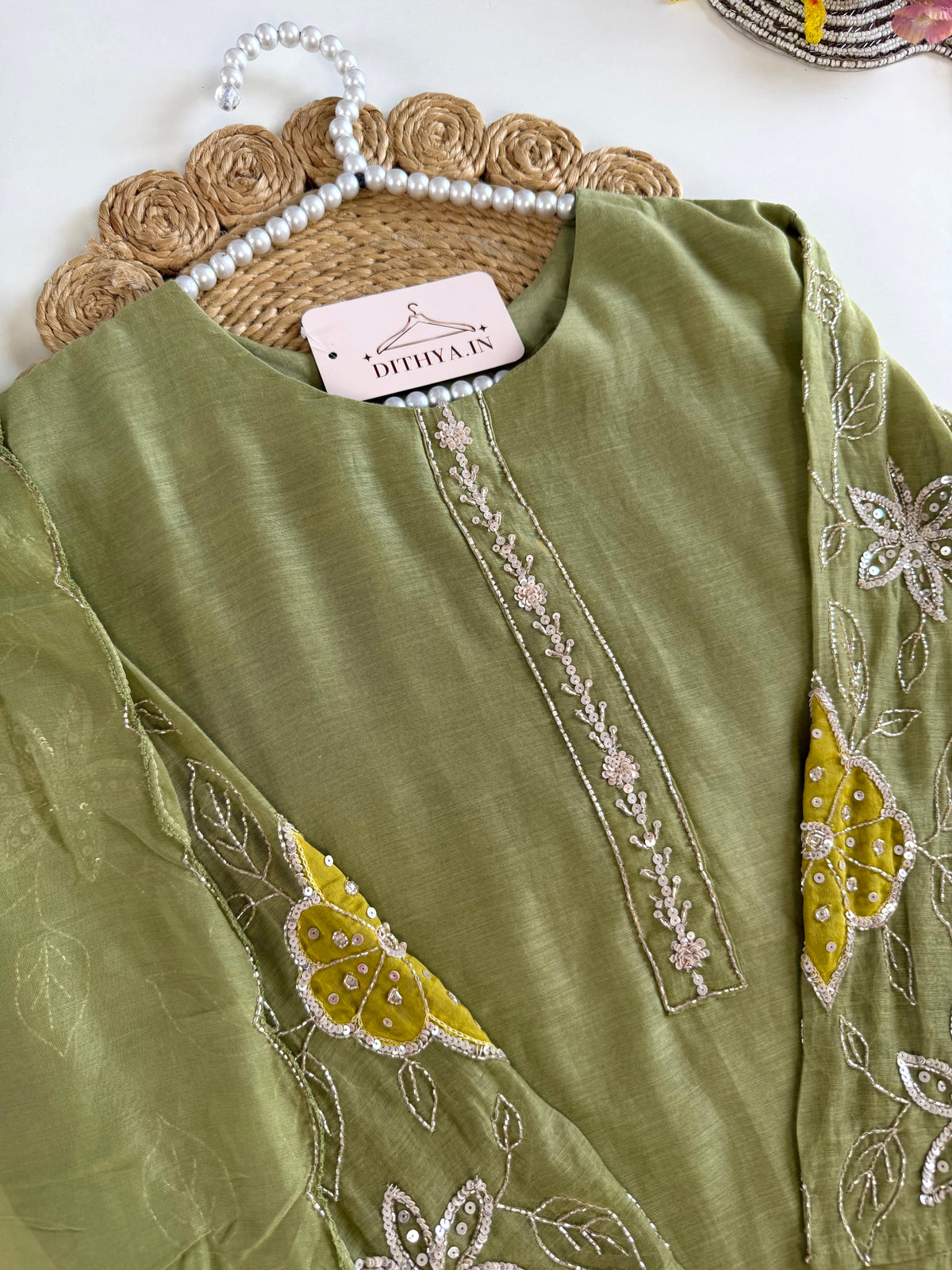 K181 - Mul chanderi handwork Aline Kurti with pants and dupatta in 2 colours