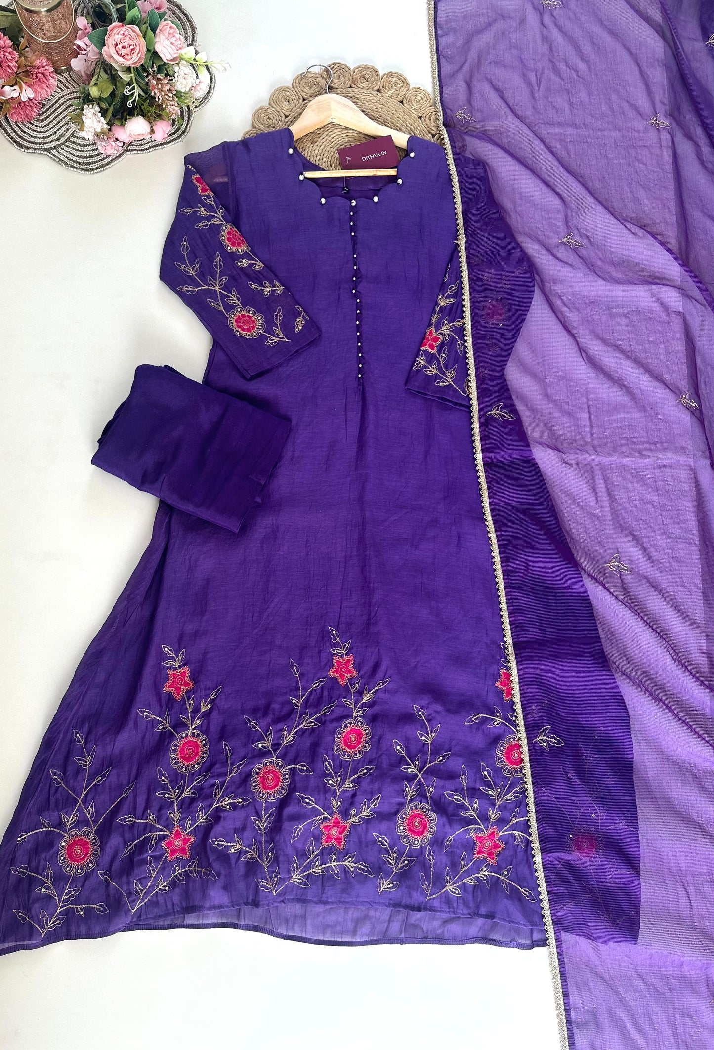 K205 - Mul Chanderi Handwork Aline Kurti with pants and dupatta .