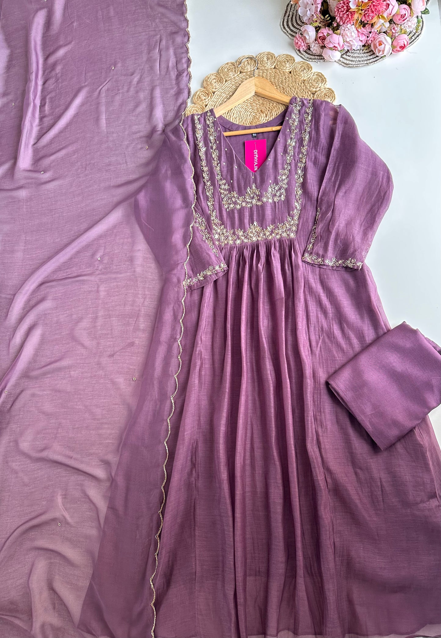 K076 - Mul Chanderi handwork Aline Kurti with pants and dupatta