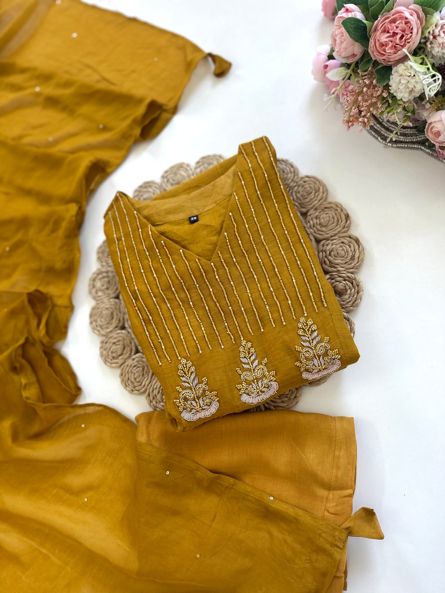 K175 - Mul Chanderi handwork Aline Kurti with pants and dupatta in 2 colours .