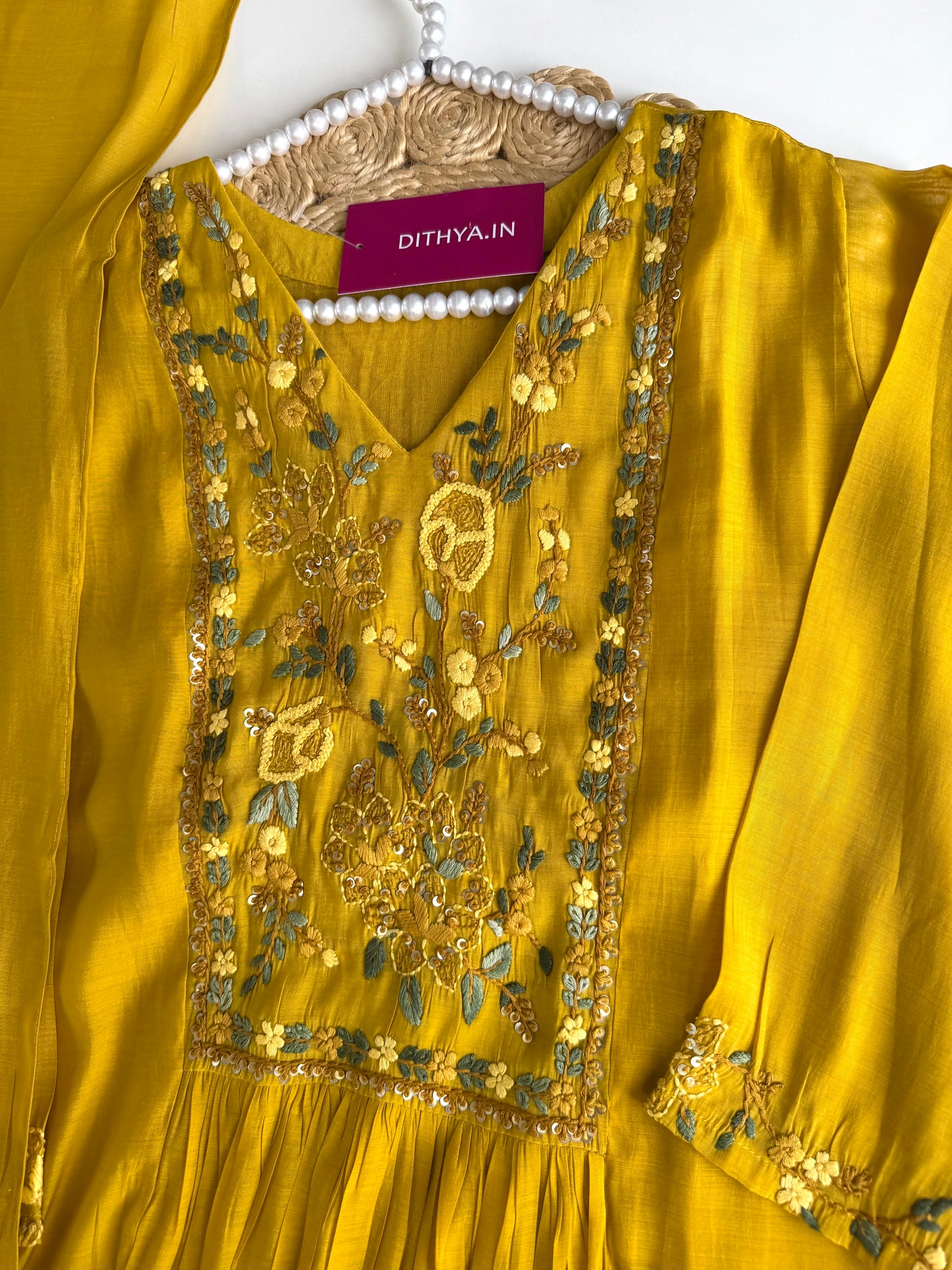K341 - Mul chanderi Embroidered Aline Kurti with pants and dupatta