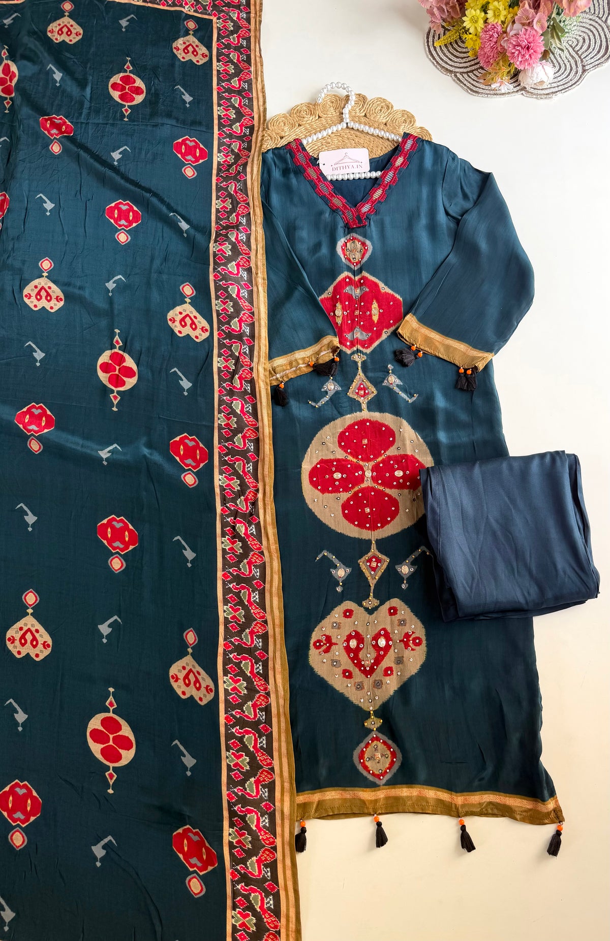 K044 - Pure crape handwork ajrakh straight Kurti with pants and dupatta