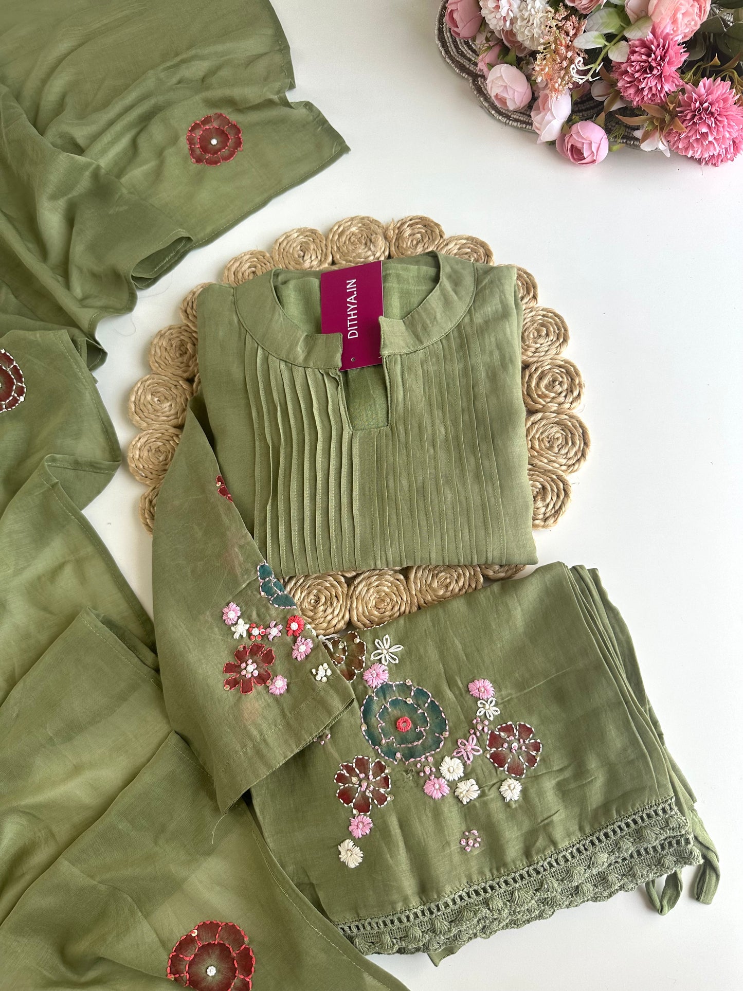 K423 - Mul Chanderi embroidered Aline Kurti with pants and dupatta