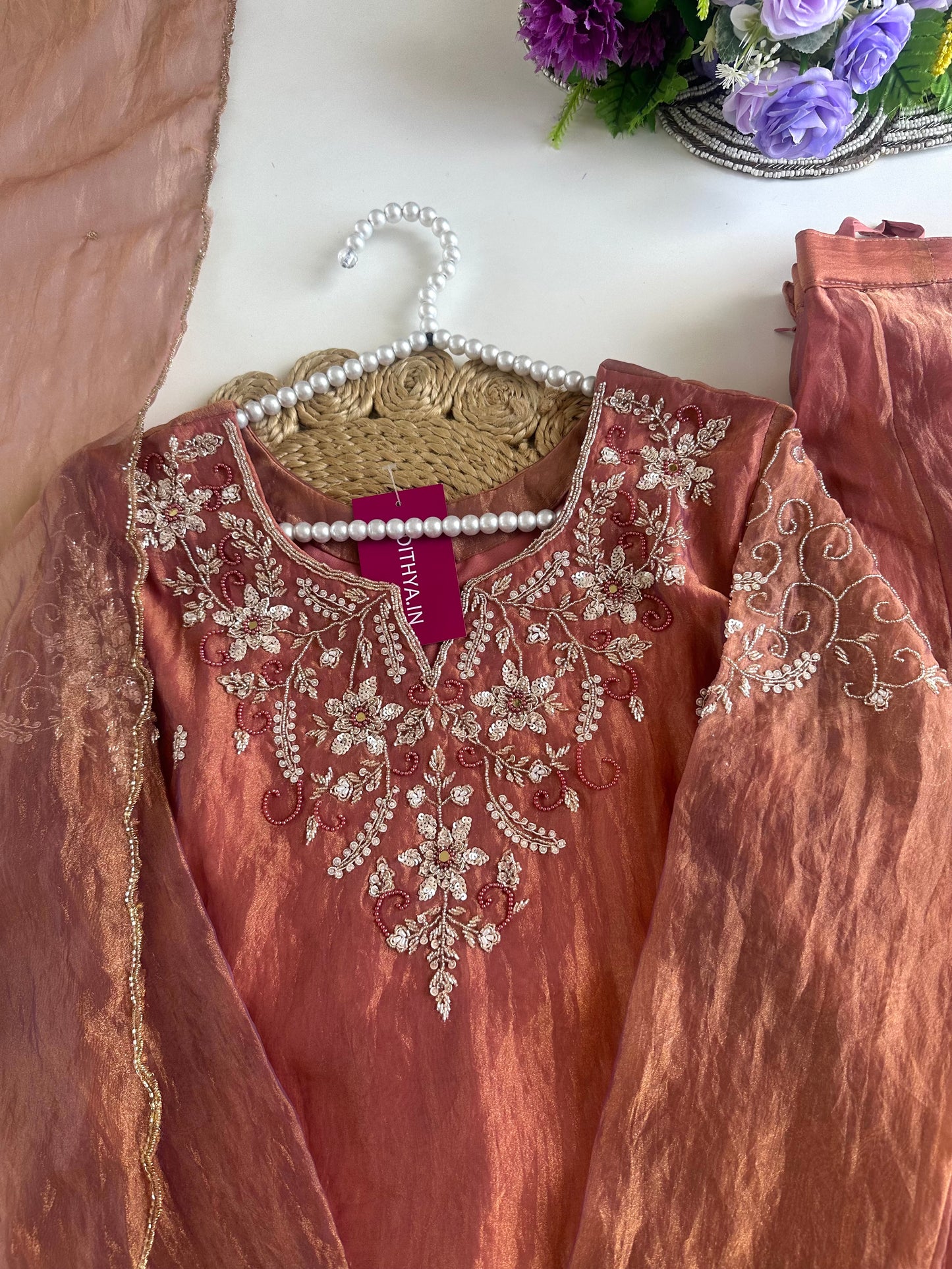 K180 - Tissue silk handwork short Kurti with palazzo and dupatta