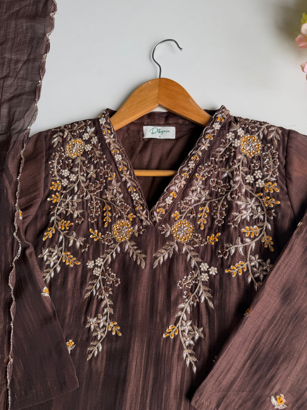 K122 - Mul chanderi handwork straight Kurti with pants and dupatta