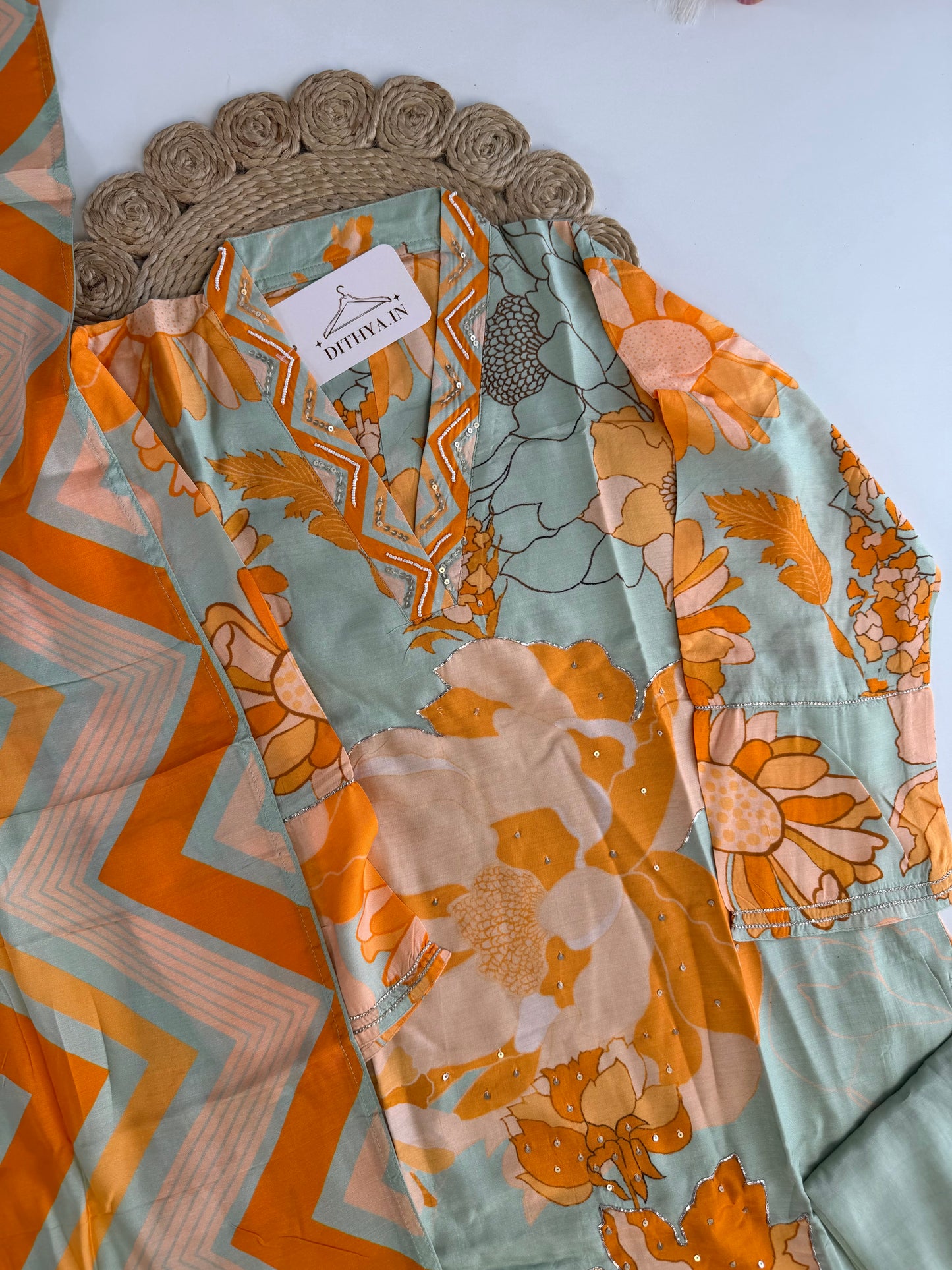 K505 - Muslin handwork floral straight Kurti with pants and dupatta in 2 colours