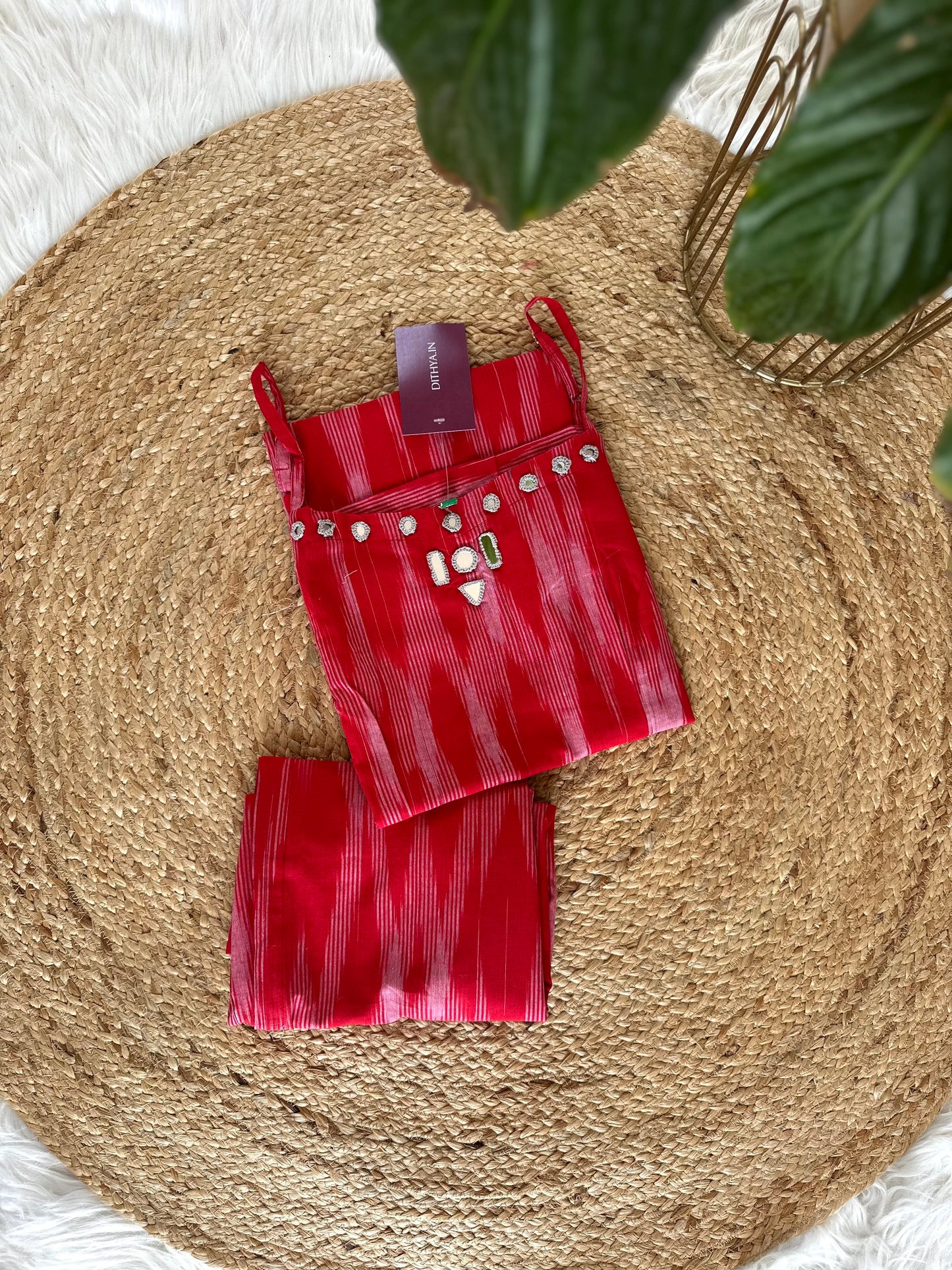 K040 - Cotton strap mirror work Kurti with pants in 3 colours
