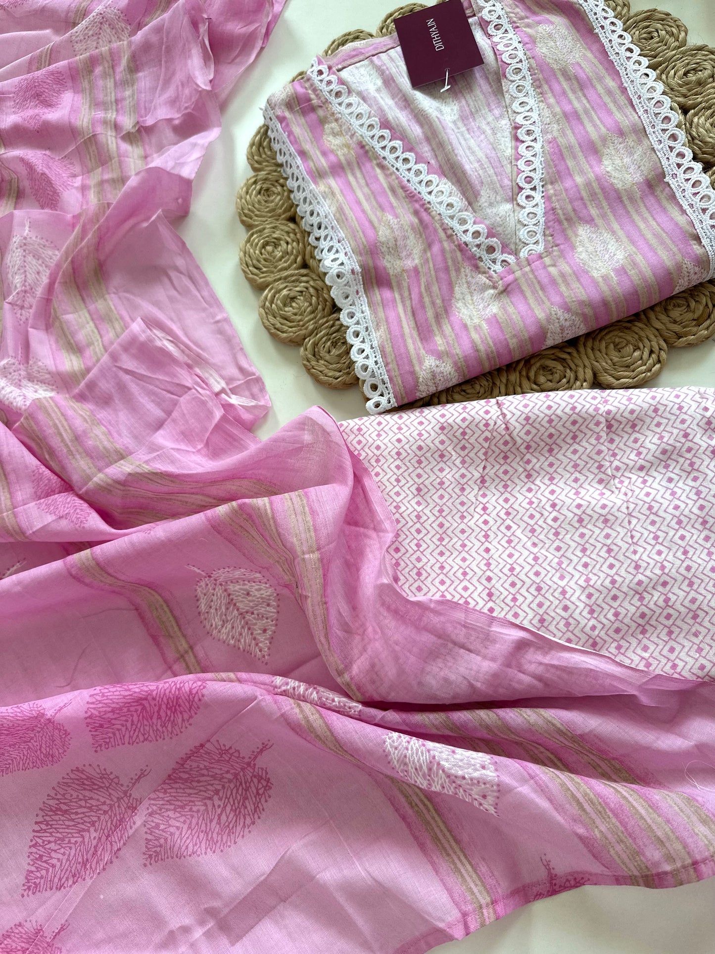 K096 - Cotton Lace work straight kurti with pants and dupatta in 2 colours