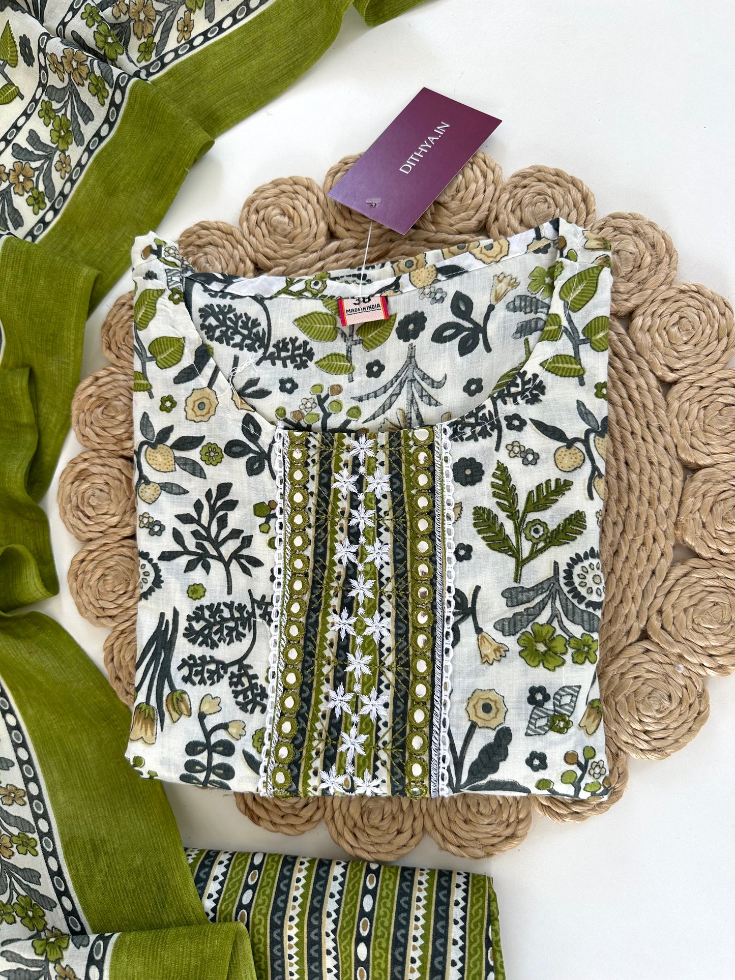 K164 - Cotton printed straight Kurti with pants and dupatta in 3 colours
