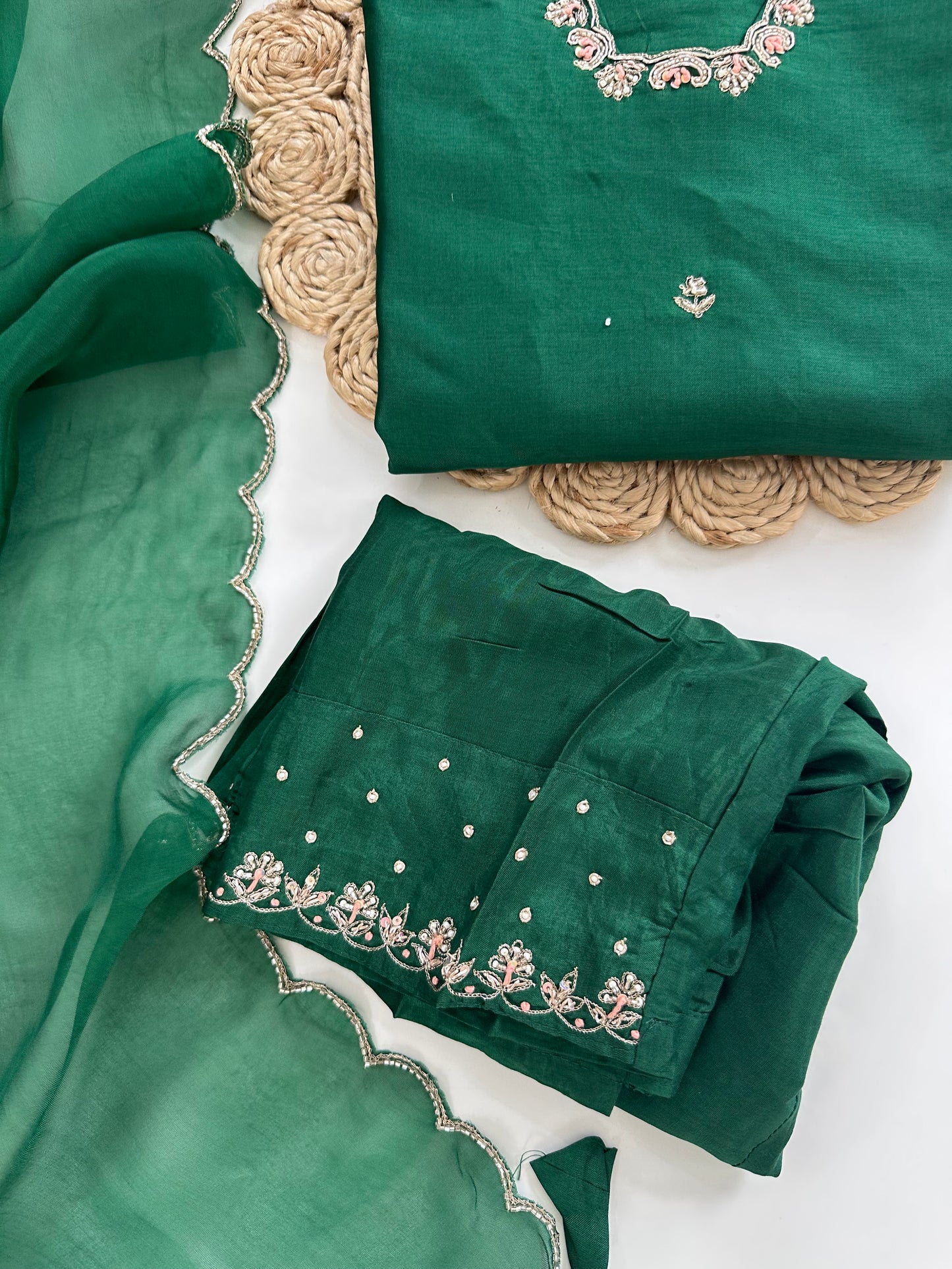 K010 - Dola silk handwork straight Kurti with pants and dupatta in 2 colours