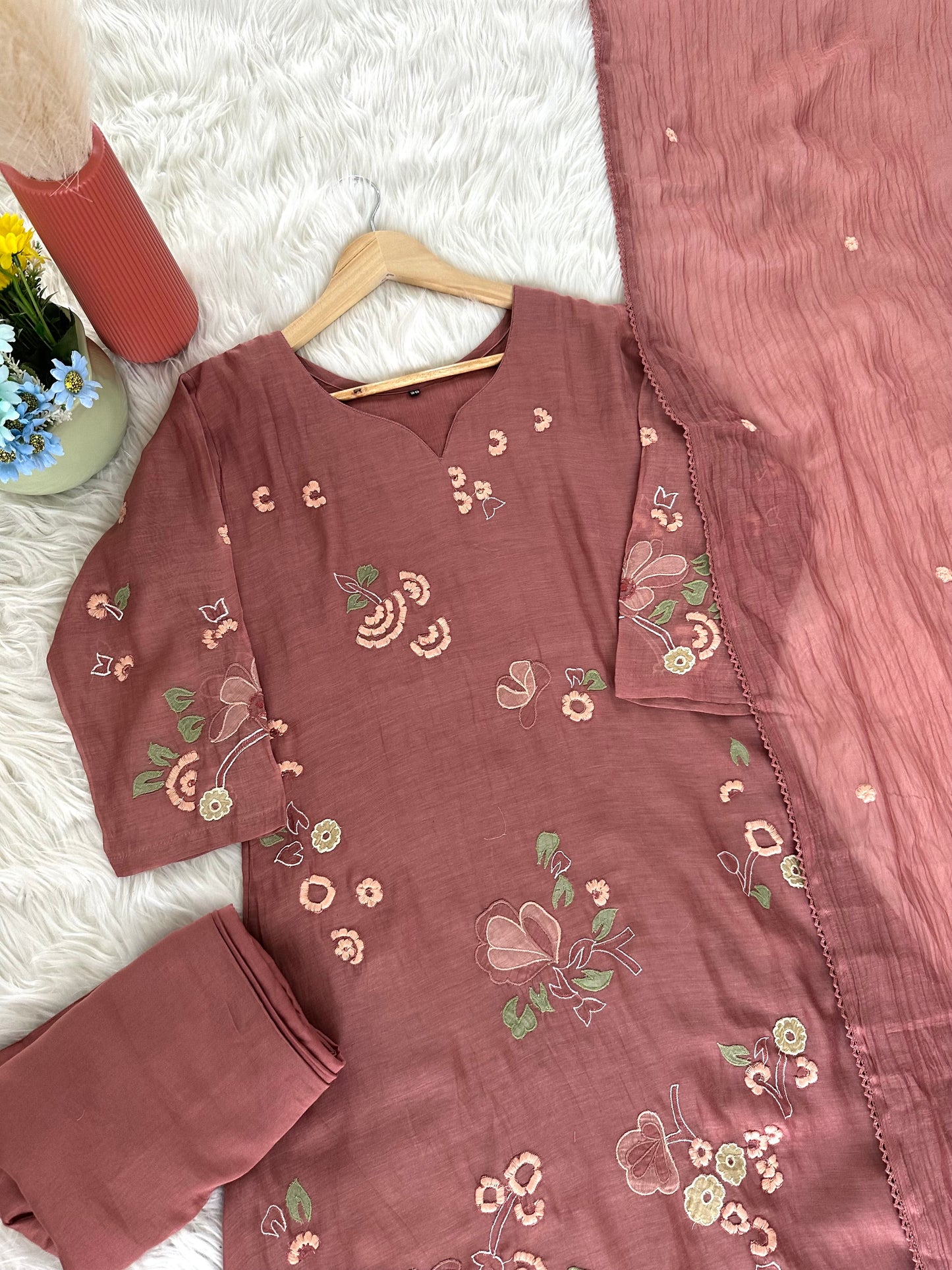 K208 - Mul Chanderi appliqué work Aline Kurti with pants and dupatta