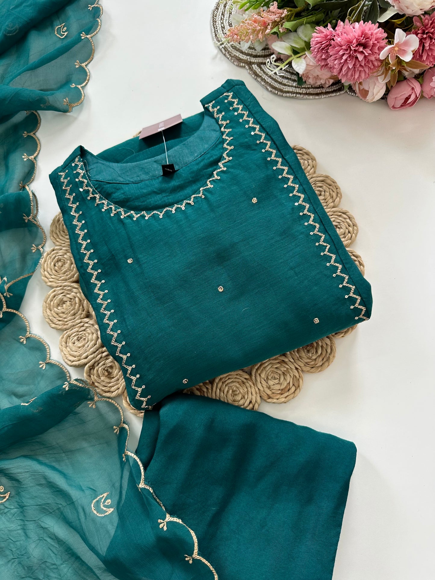 K091 - Mul Chanderi Zari work Anarkali with pants and dupatta in 2 colours