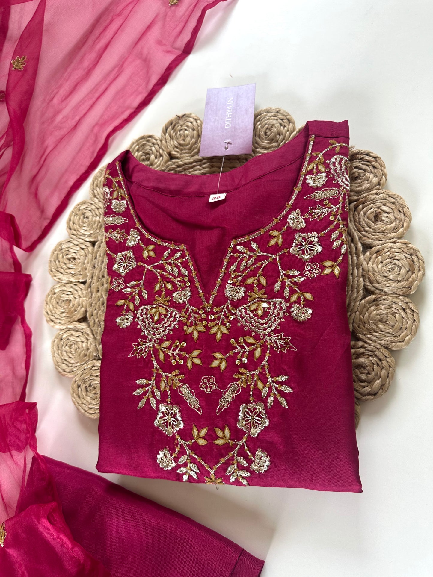 K068 - Mul Chanderi Handwork straight kurti with straight pants and dupatta