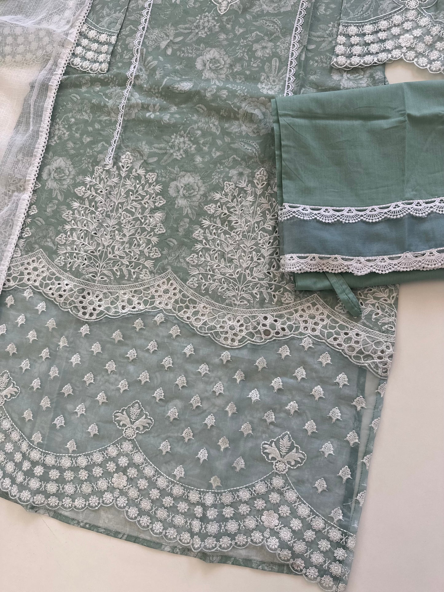 K269 - Rayon embroidered paki straight kurti with palazzo and dupatta in 2 colours