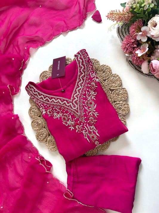 K390 - Mul Chanderi Zardosi work Aline Kurti with pants and dupatta
