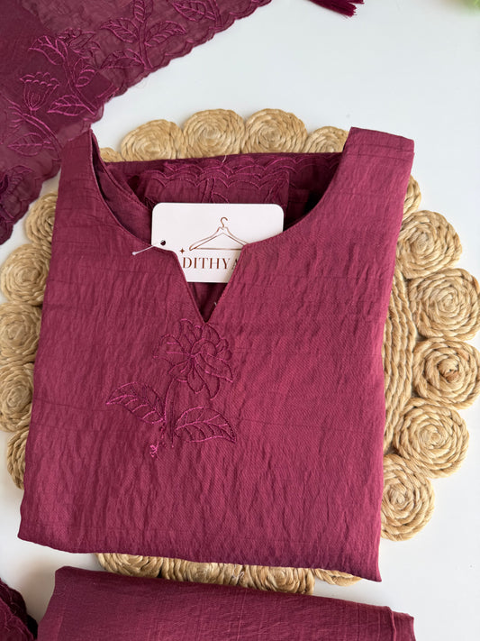 K208 - Crushed Mul chanderi embroidered straight Kurti with pants and dupatta in 2 colours