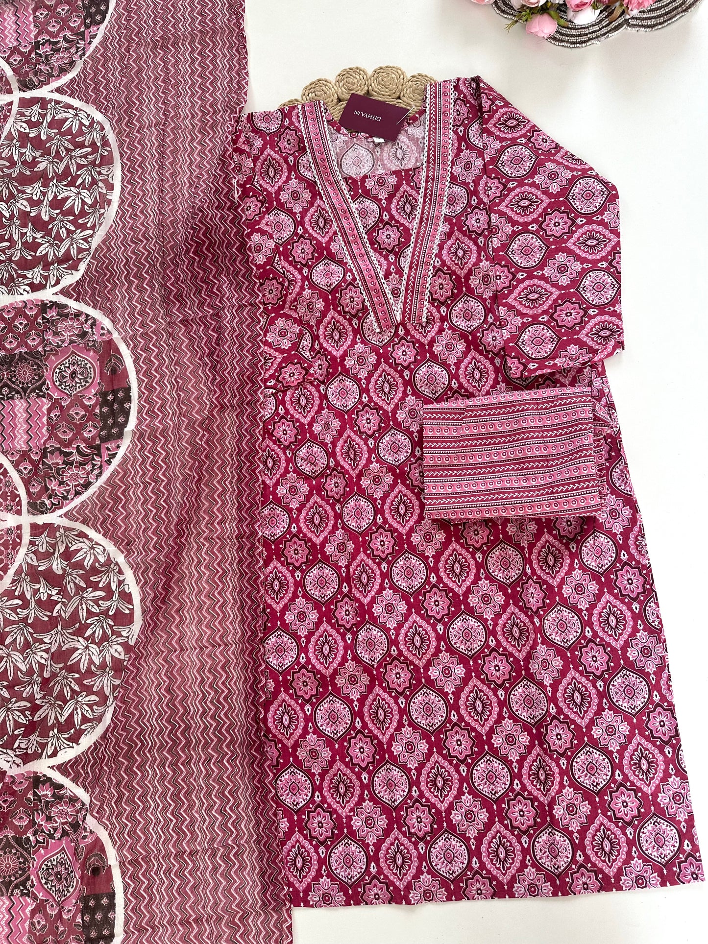 K330 - Cotton floral straight Kurti with pants and dupatta