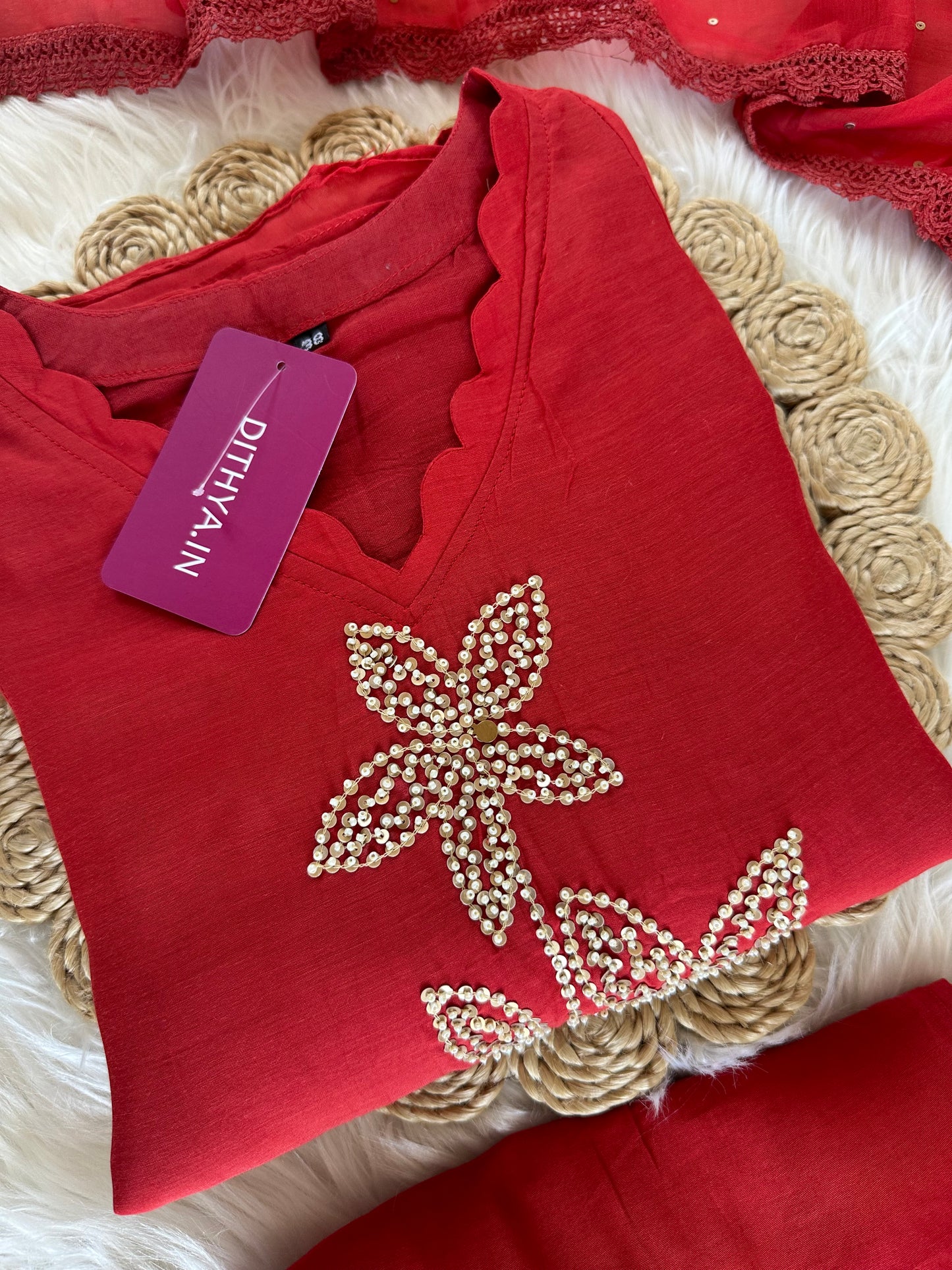 K382 - Mul Chanderi handwork Aline Kurti with pants and dupatta