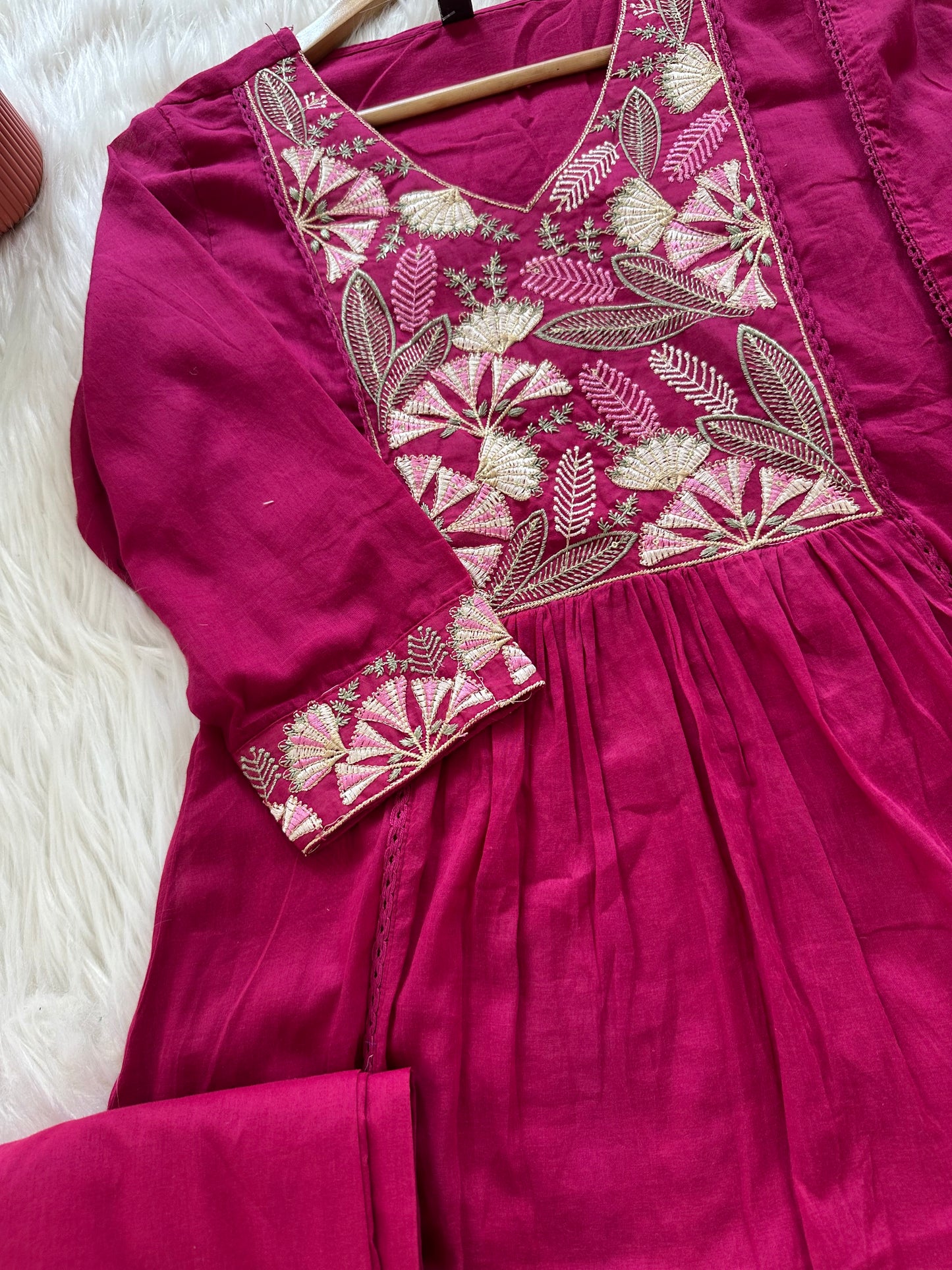 K012 - Mulmul cotton embroidered Aline Kurti with pants and dupatta in 2 colours