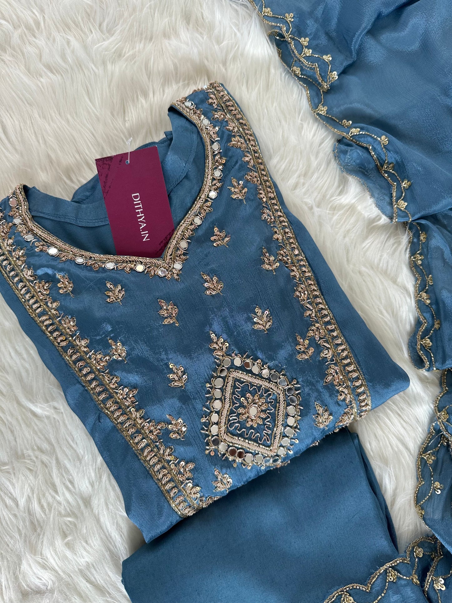 K399 - Handwork Chinnon Anarkali with pants and dupatta in 2 colour