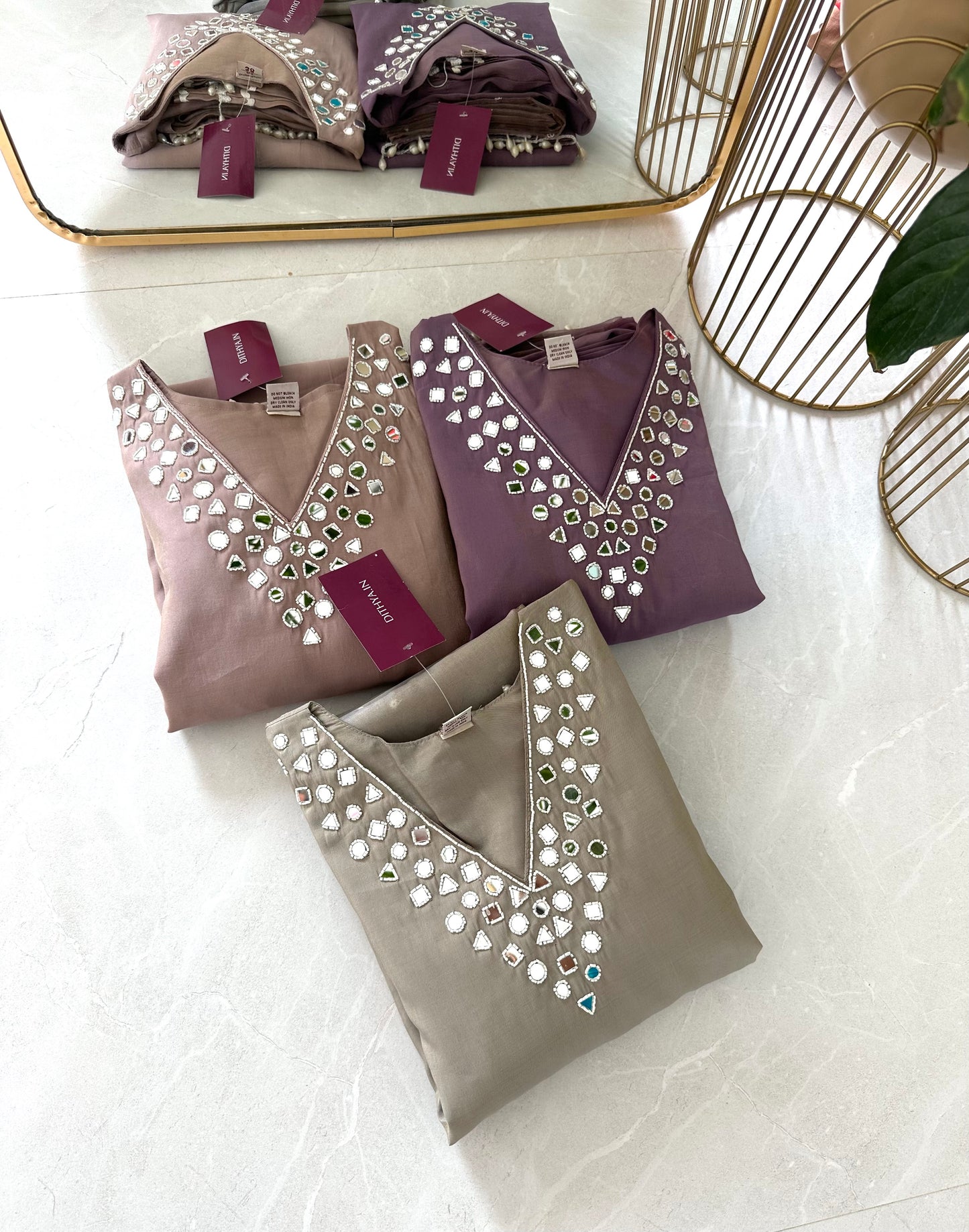 K209 - Shimmer silk mirror work straight Kurti with pants and dupatta in 3 colours