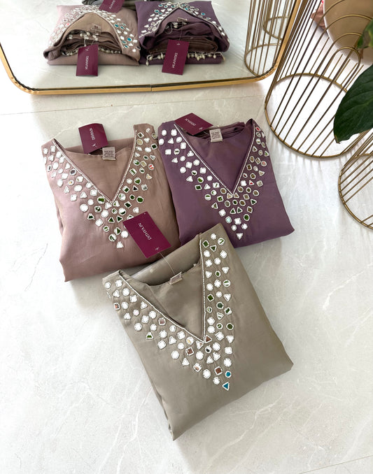 K209 - Shimmer silk mirror work straight Kurti with pants and dupatta in 3 colours