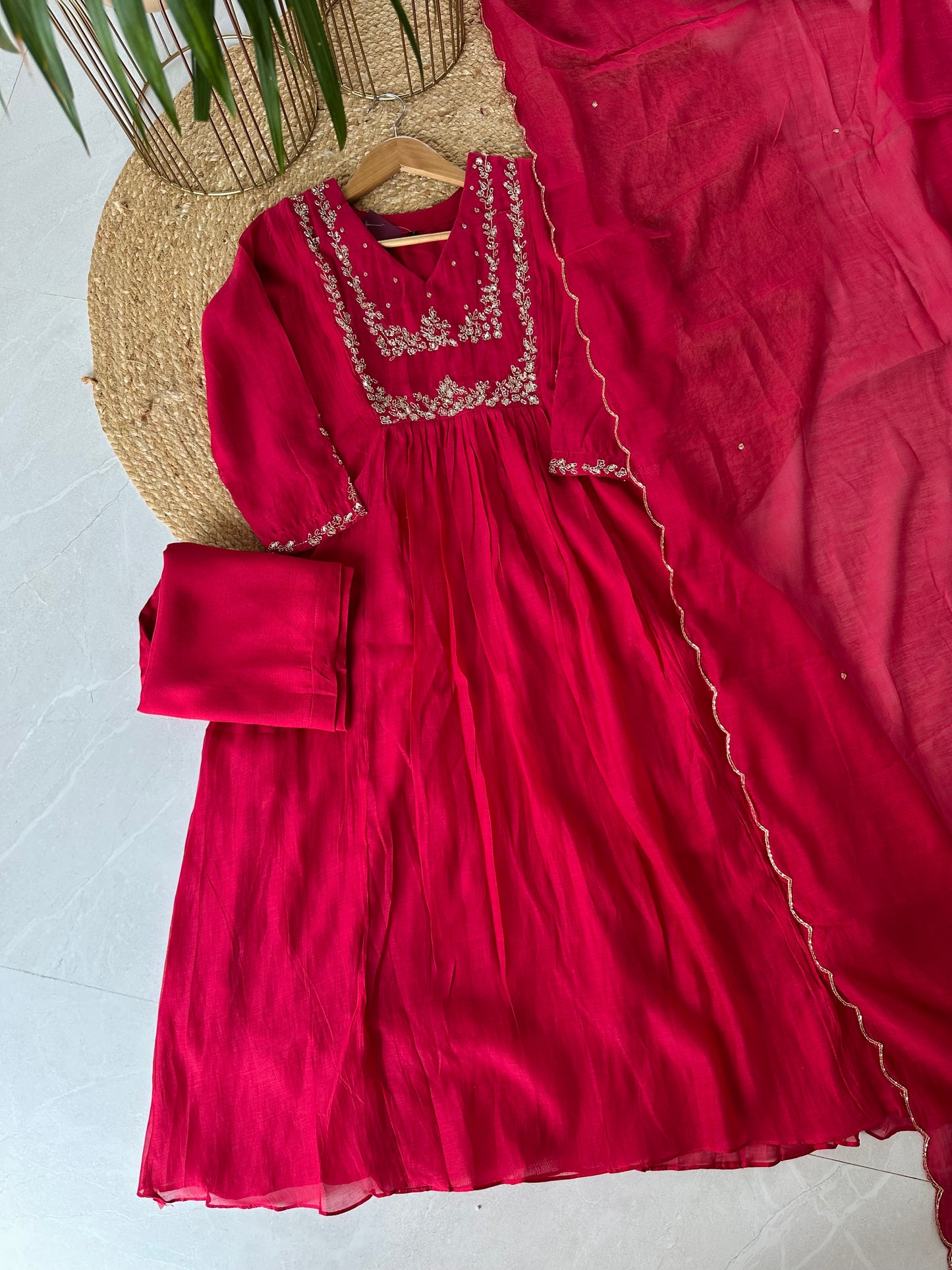 K229 - Mul Chanderi Handwork Aline Kurti with pants and dupatta in 2 colours