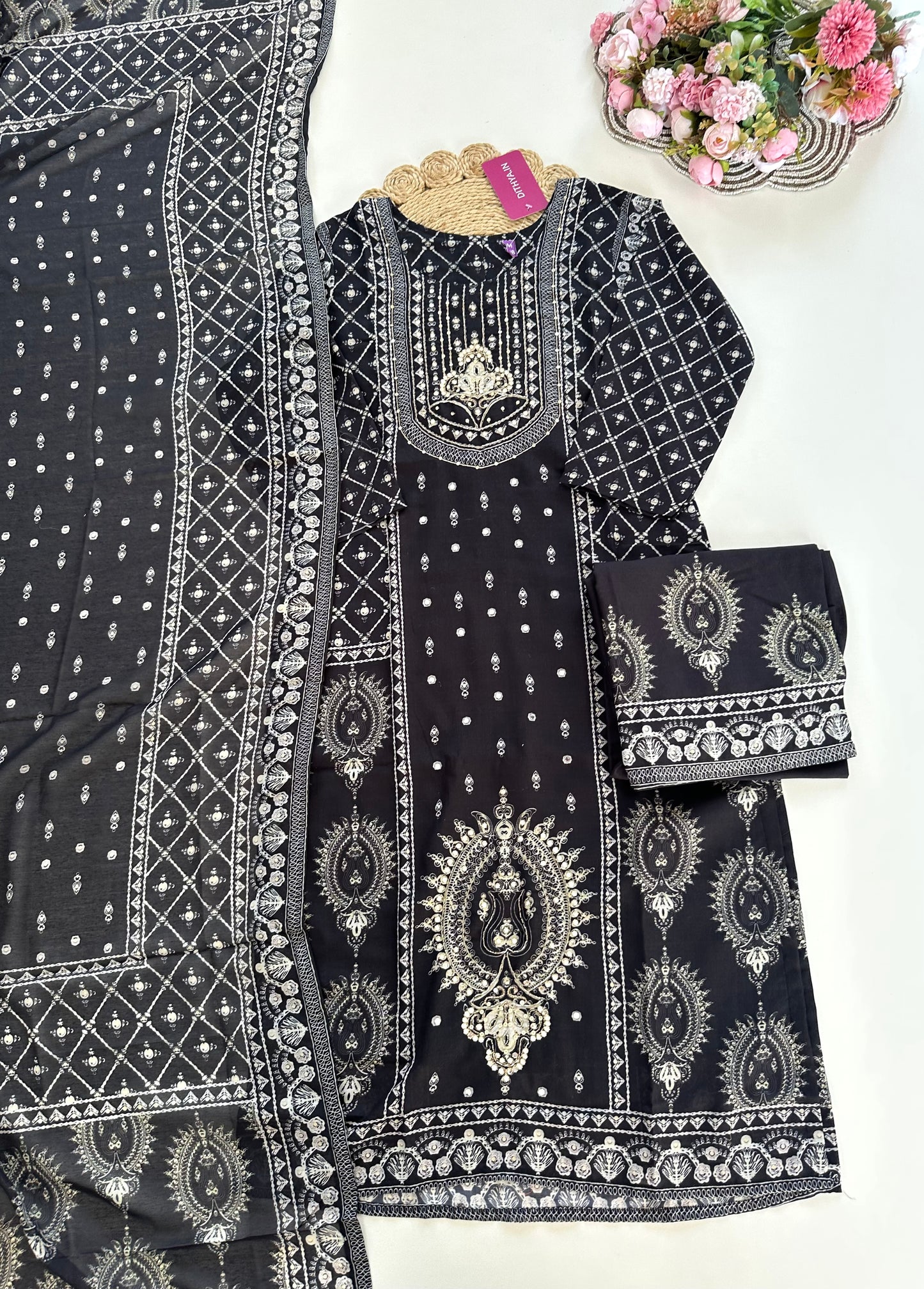 K264 - Cotton Handwork straight Kurti with pants and dupatta