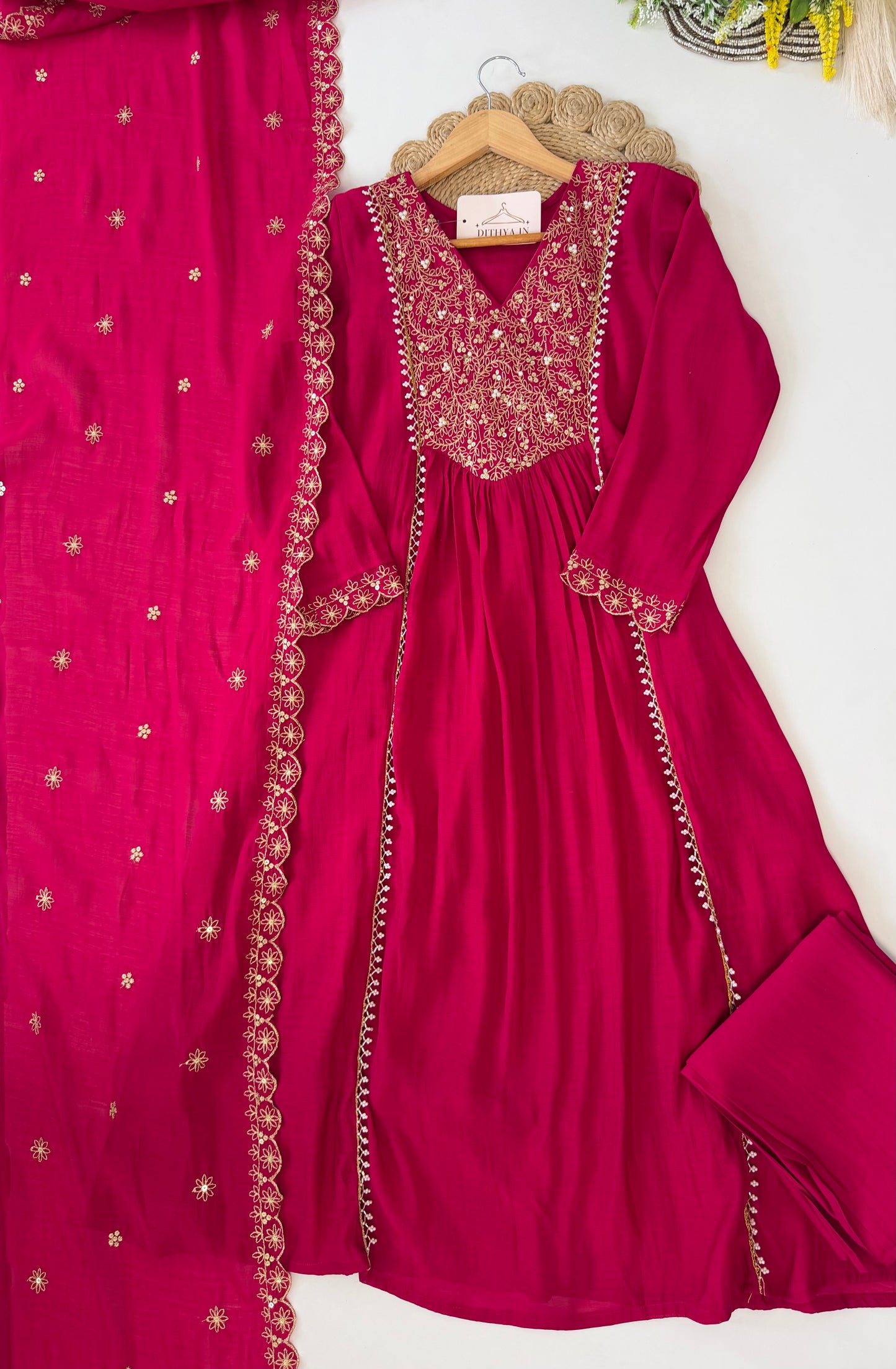K535 - Mul chanderi handwork Aline Kurti with pants and dupatta