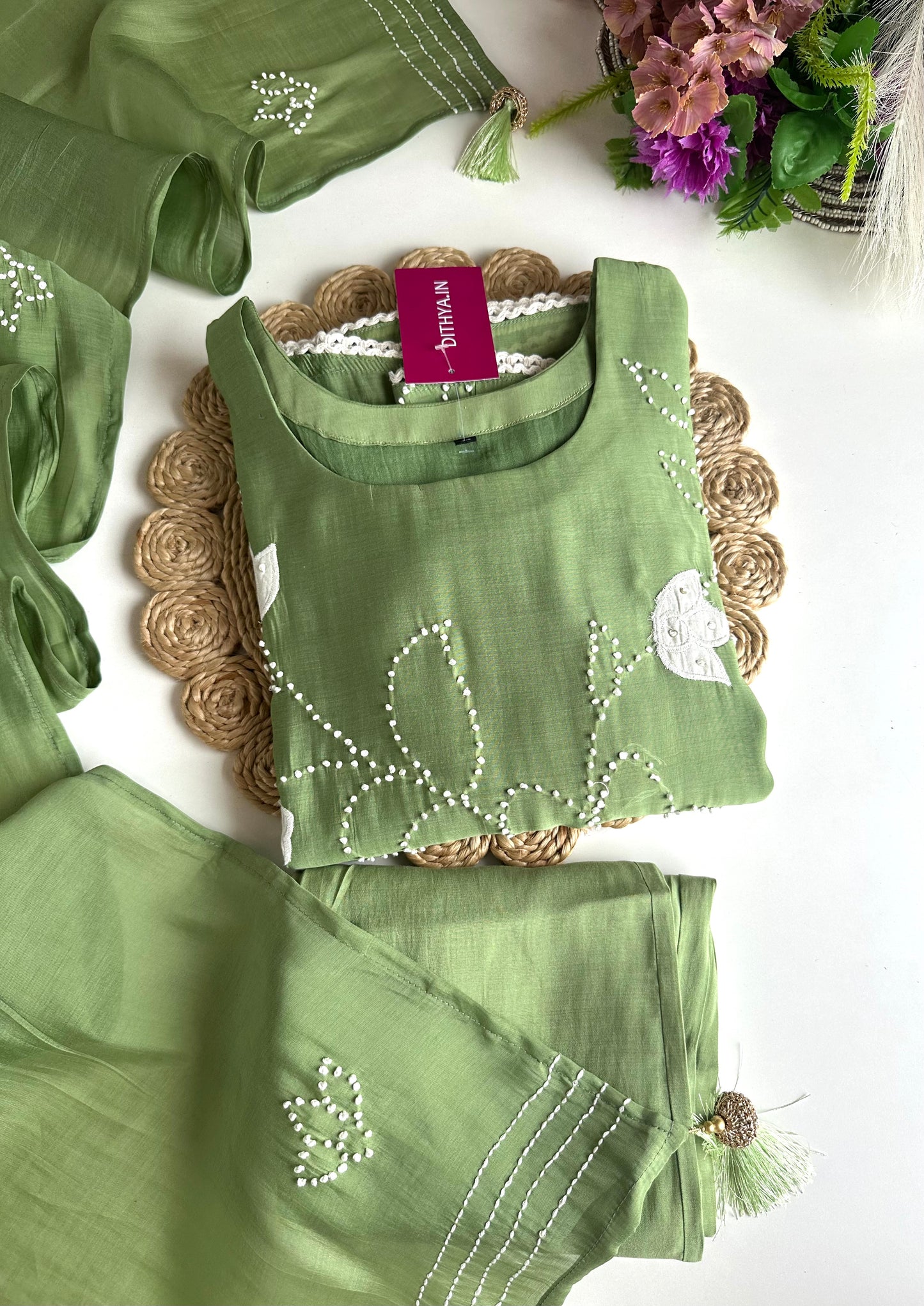 K214 - Mul Chanderi appliqué knot work Aline Kurti with pants and dupatta