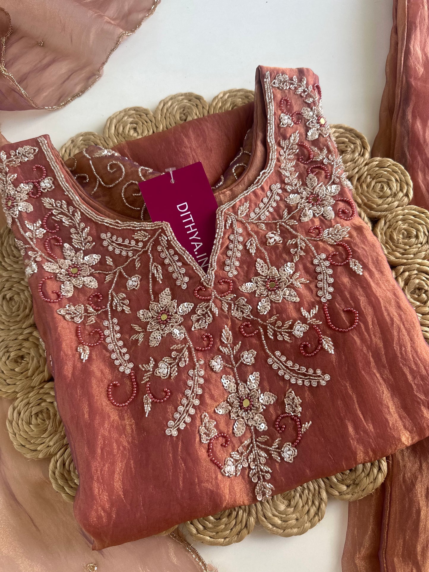 K180 - Tissue silk handwork short Kurti with palazzo and dupatta