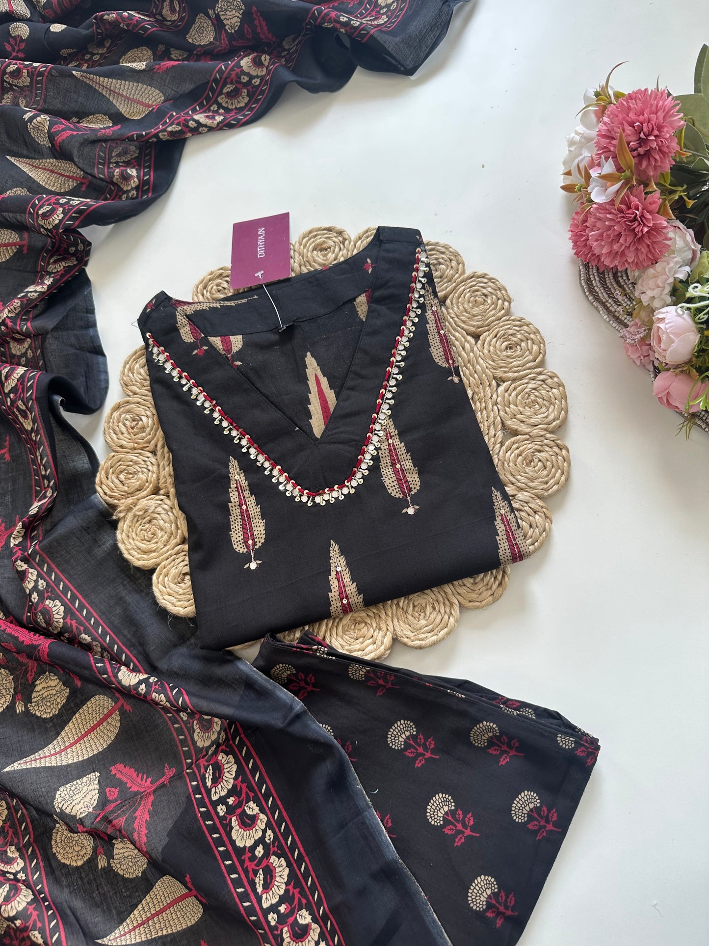 K234 - Cotton printed straight kurti with pants and dupatta.
