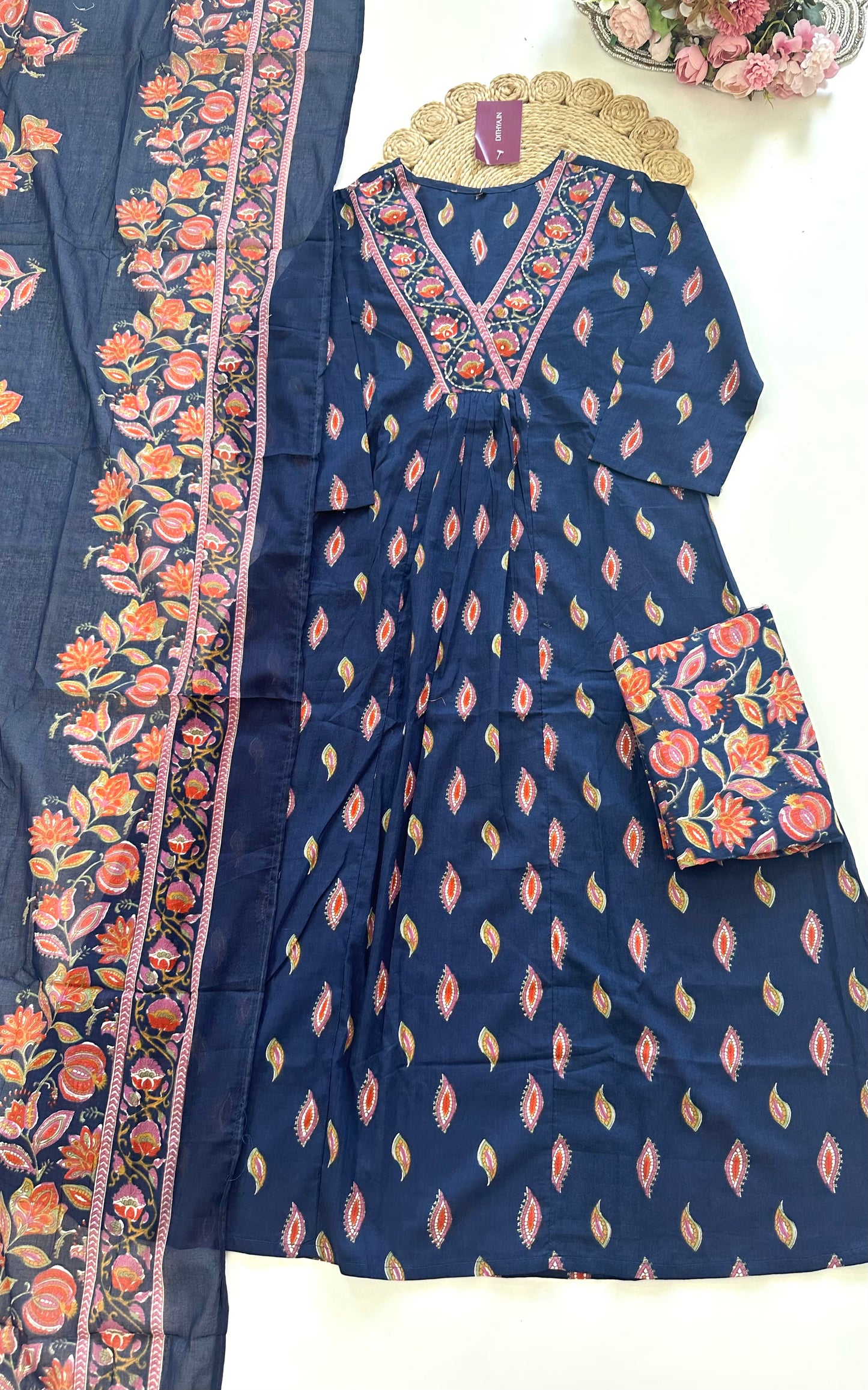 K046 - Cotton floral Aline Kurti with pants and dupatta.