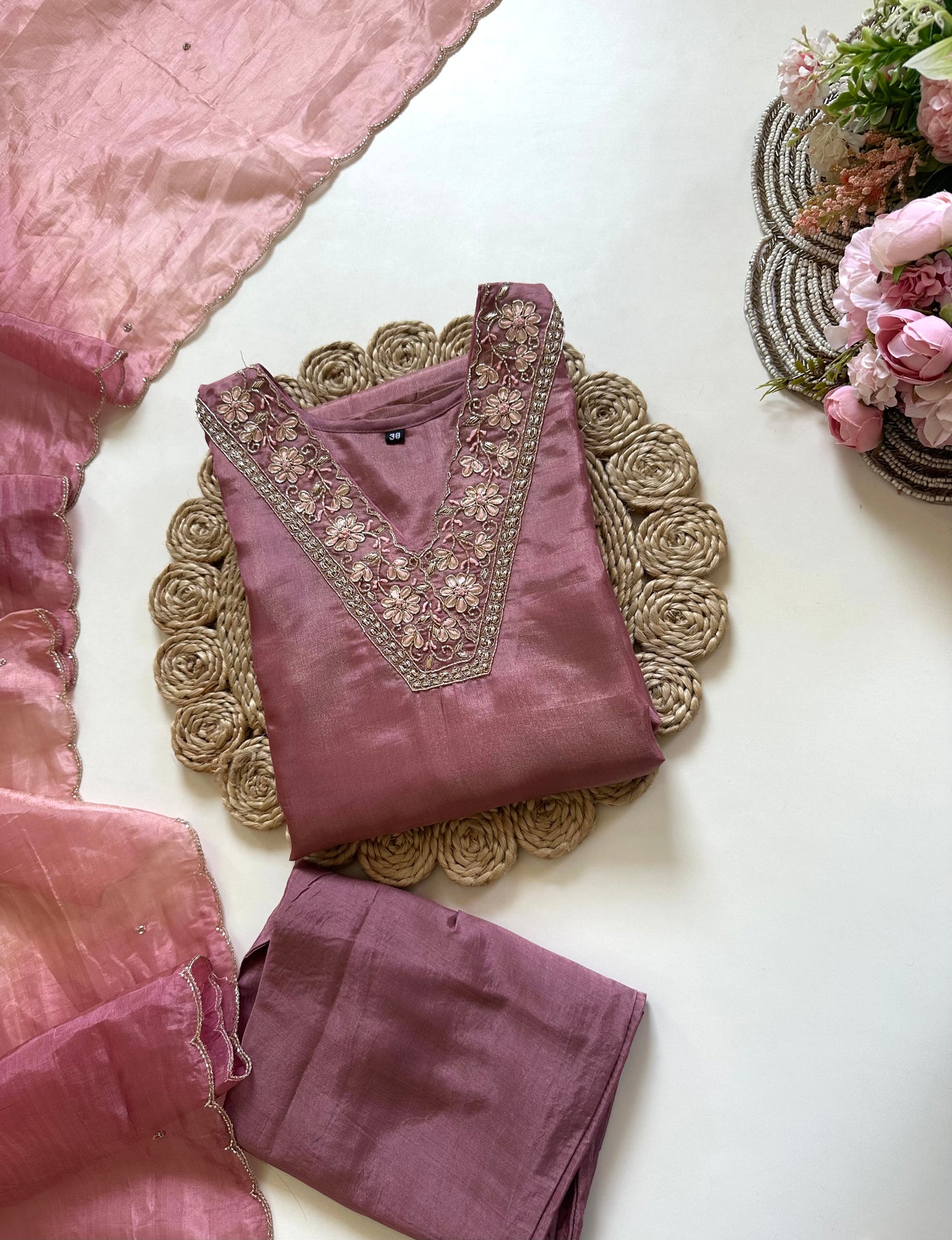 K099 - Tissue silk handwork straight kurti with pants and dupatta .