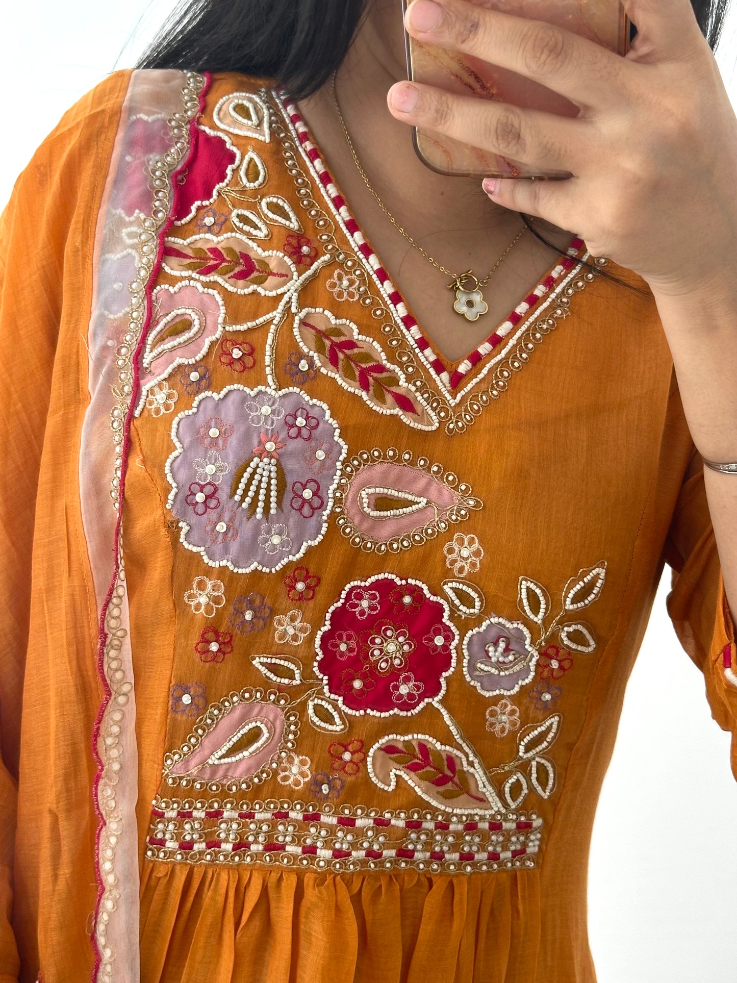 K366 - Mul Chanderi handwork Anarkali with pants and dupatta