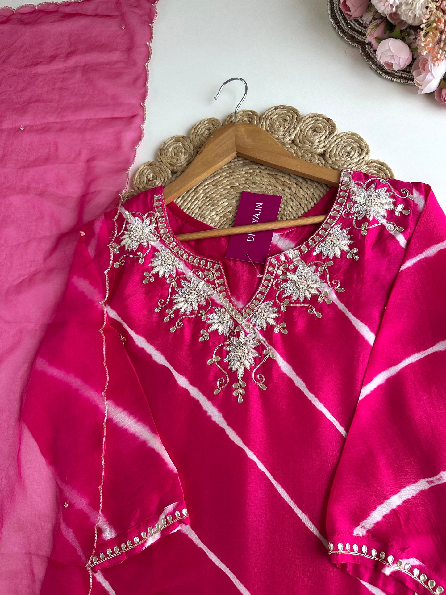 K016 - Russian silk leheriya handwork Straight Kurti with pants and dupatta in 2 styles