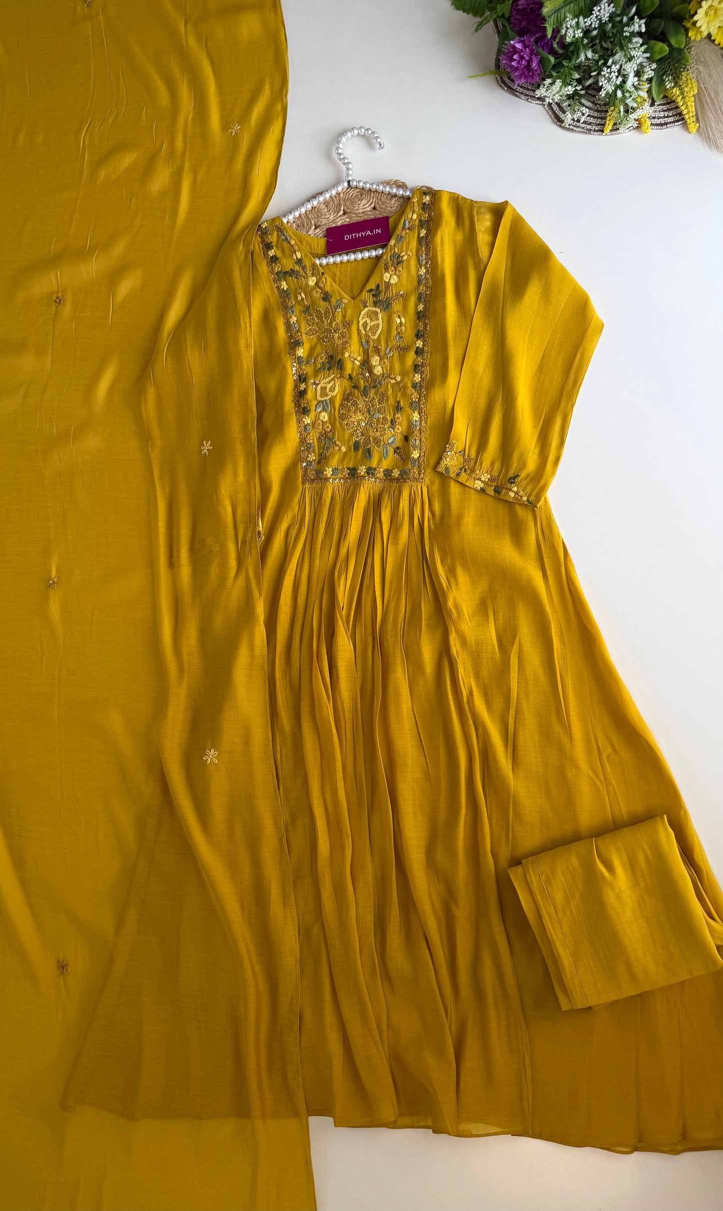 K341 - Mul chanderi Embroidered Aline Kurti with pants and dupatta