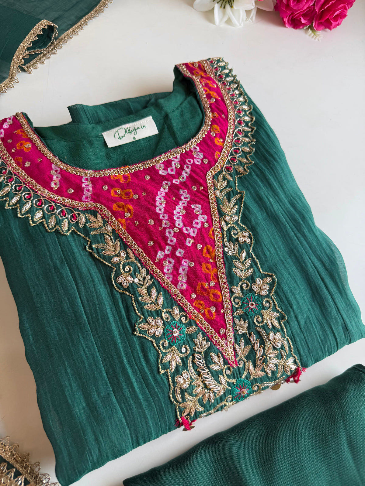 K646 - Mul chanderi bandhini handwork Anarkali with pants and dupatta