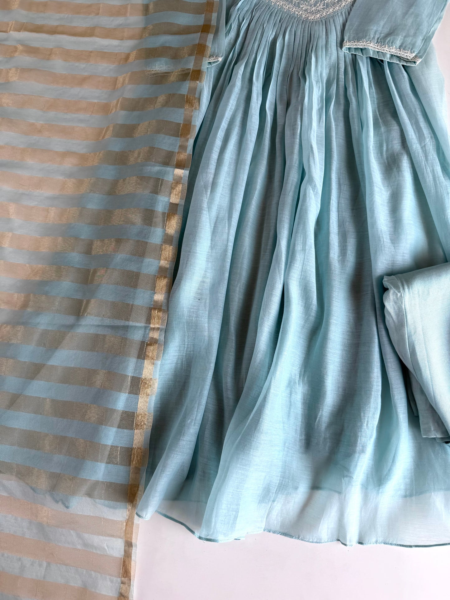 K638 - Mul chanderi embroidered Anarkali with pants and dupatta