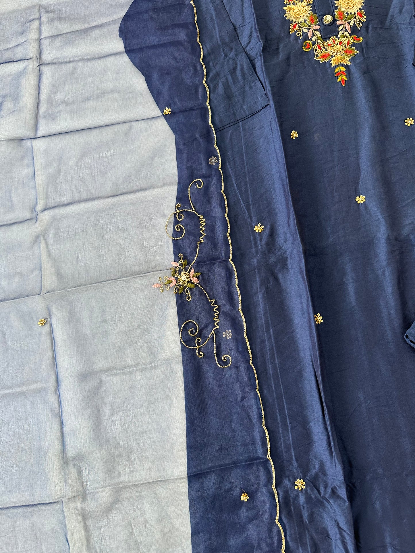 D411-Dola silk straight kurti with pants and dupatta