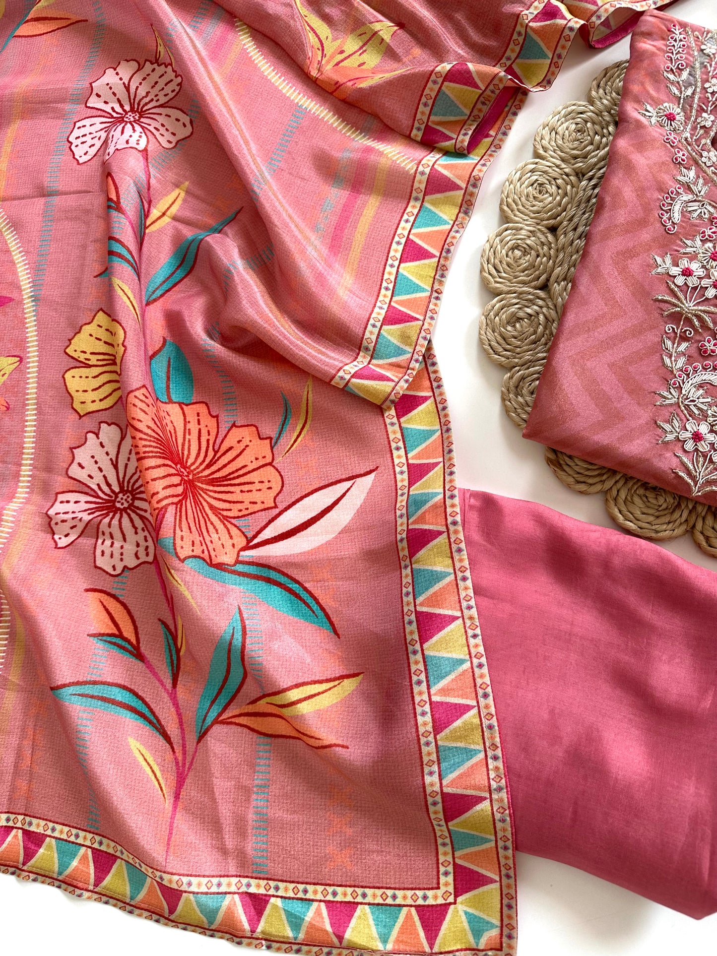 K125 - Handwork Tissue silk printed straight Kurti with pants and dupatta