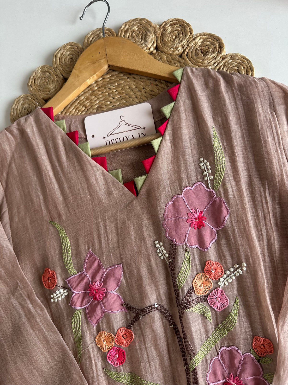 K701 - Mul chanderi embroidered Aline Kurti with pants and dupatta