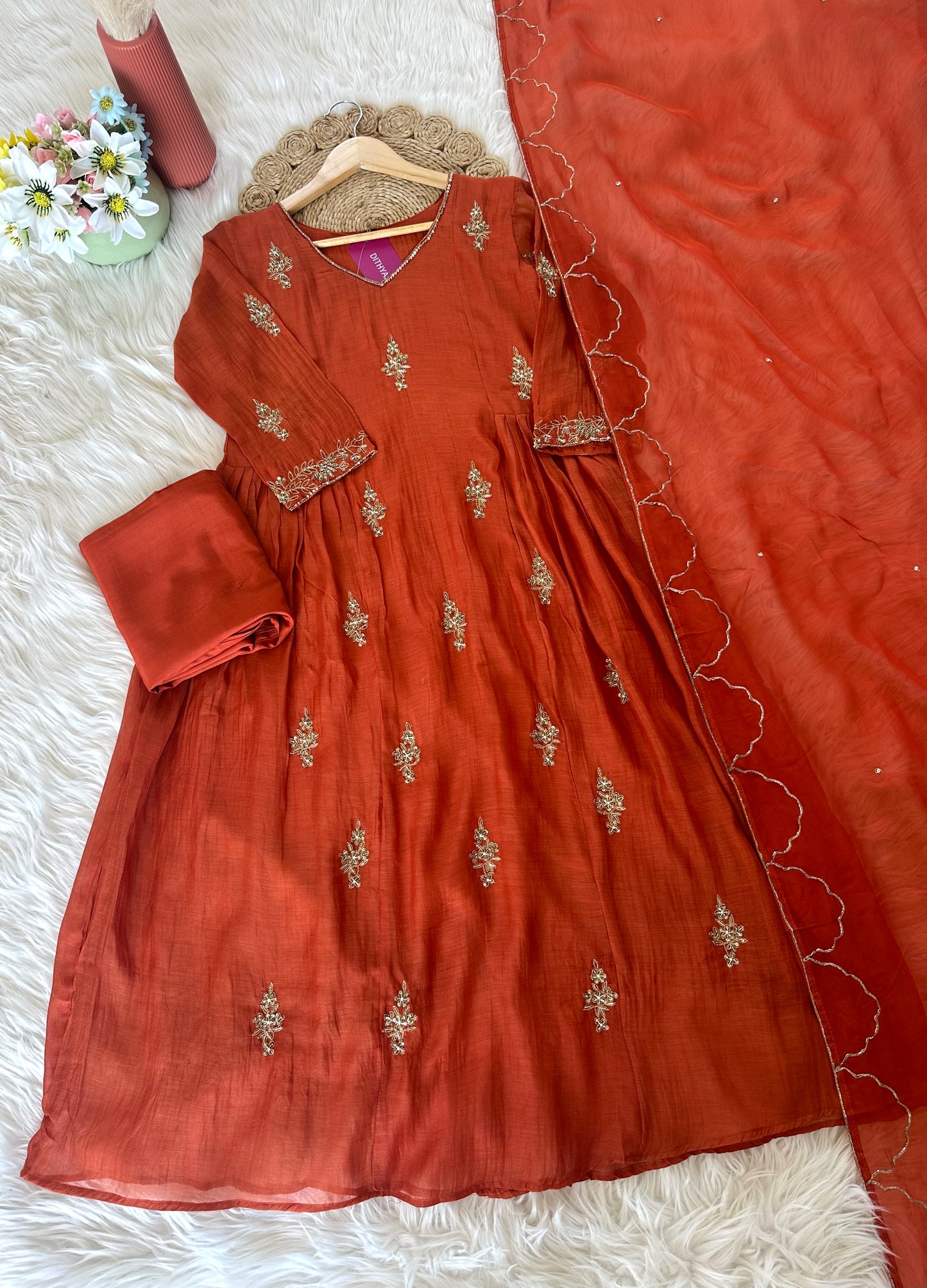 K086 - Mul Chanderi handwork Aline Kurti with pants and dupatta