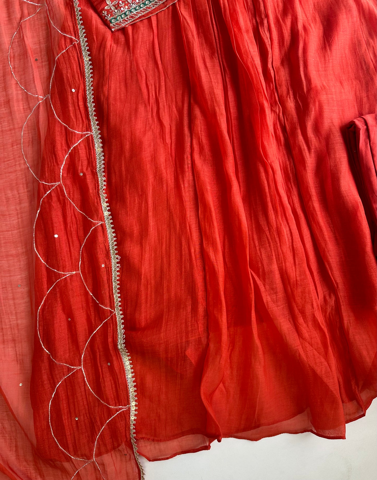 K069 - Mul chanderi handwork Aline Kurti with pants and dupatta