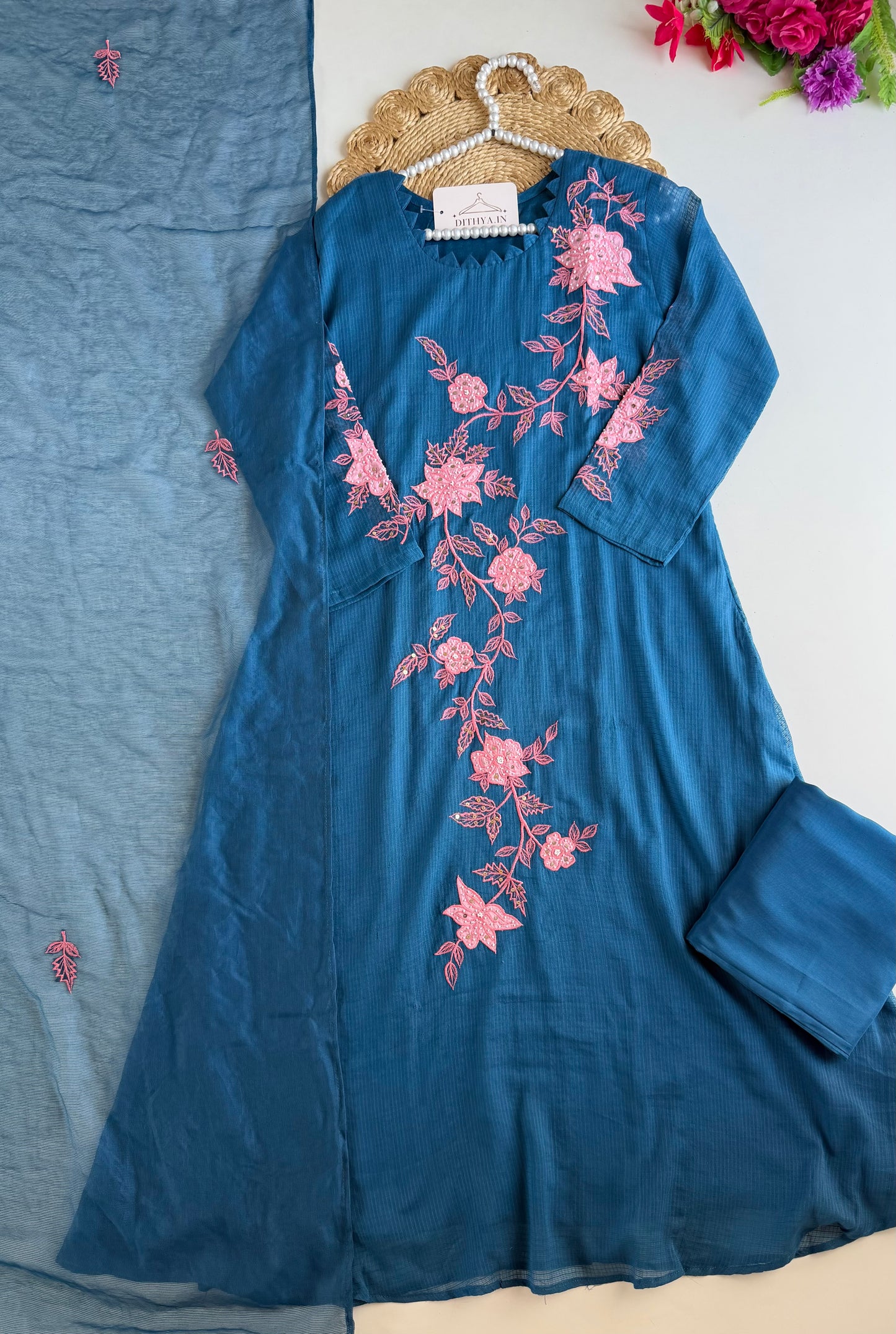K390 - Kota doriya handwork appliqué Aline Kurti with pants and dupatta