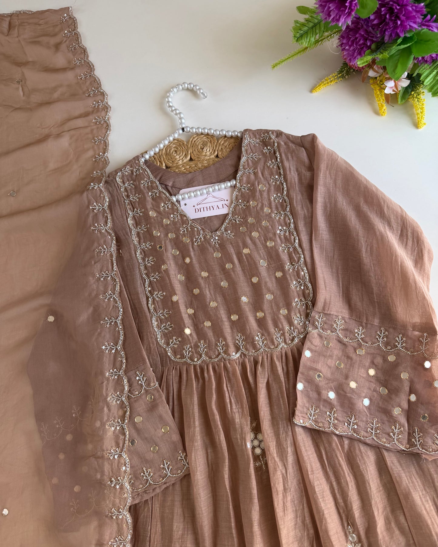 K278 - Mul chanderi mirror handwork Anarkali with pants and dupatta