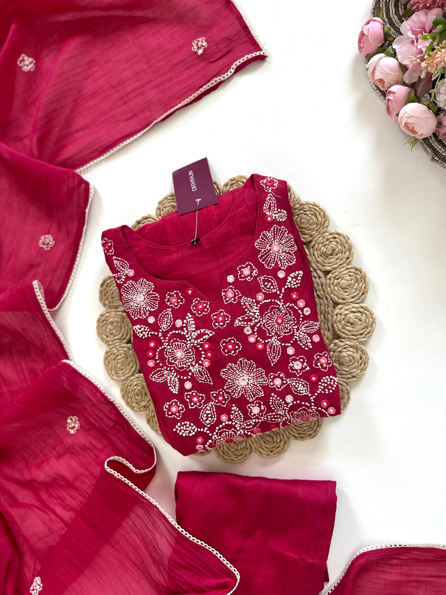 K223 - Mul Chanderi Embroidered Aline Kurti with pants and dupatta