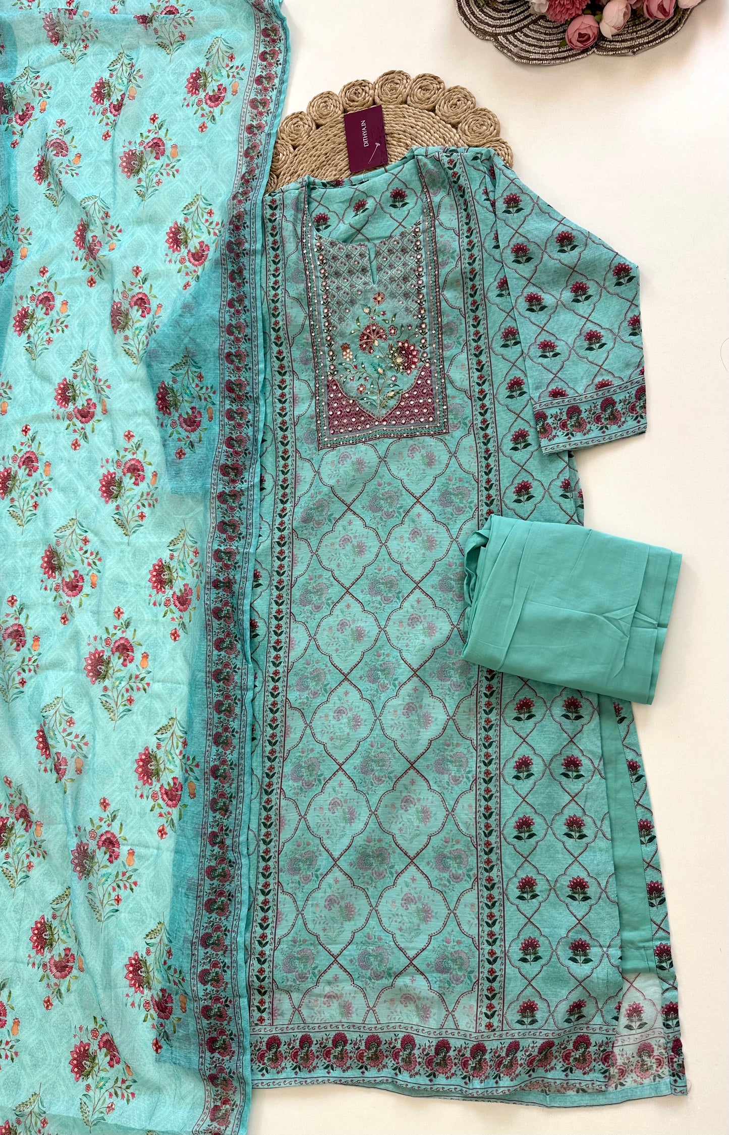 K027 - Soft chanderi handwork straight Kurti with pants and dupatta in 2 colours