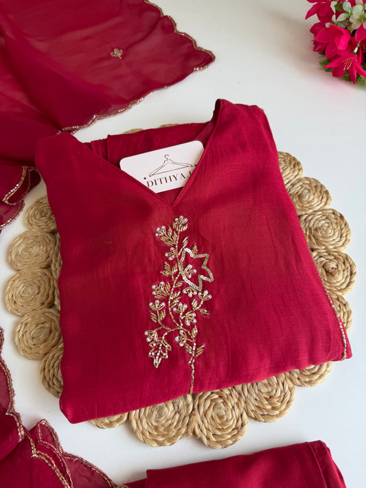 K106 - Mul chanderi handwork Aline Kurti with pants and dupatta